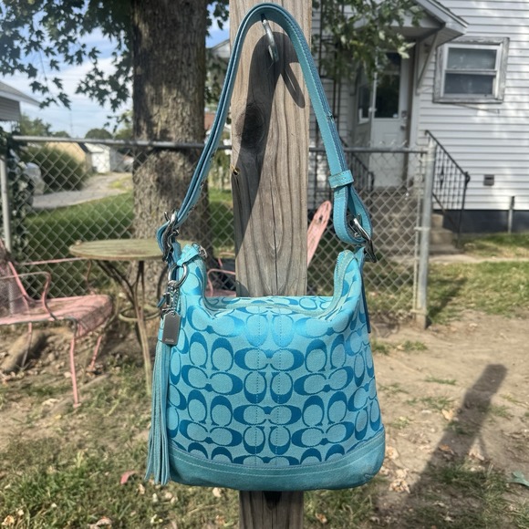 Coach Hobo Shoulder Bag Turquoise Blue Y2K Signature 9362 Suede Canvas Leather - Picture 1 of 15